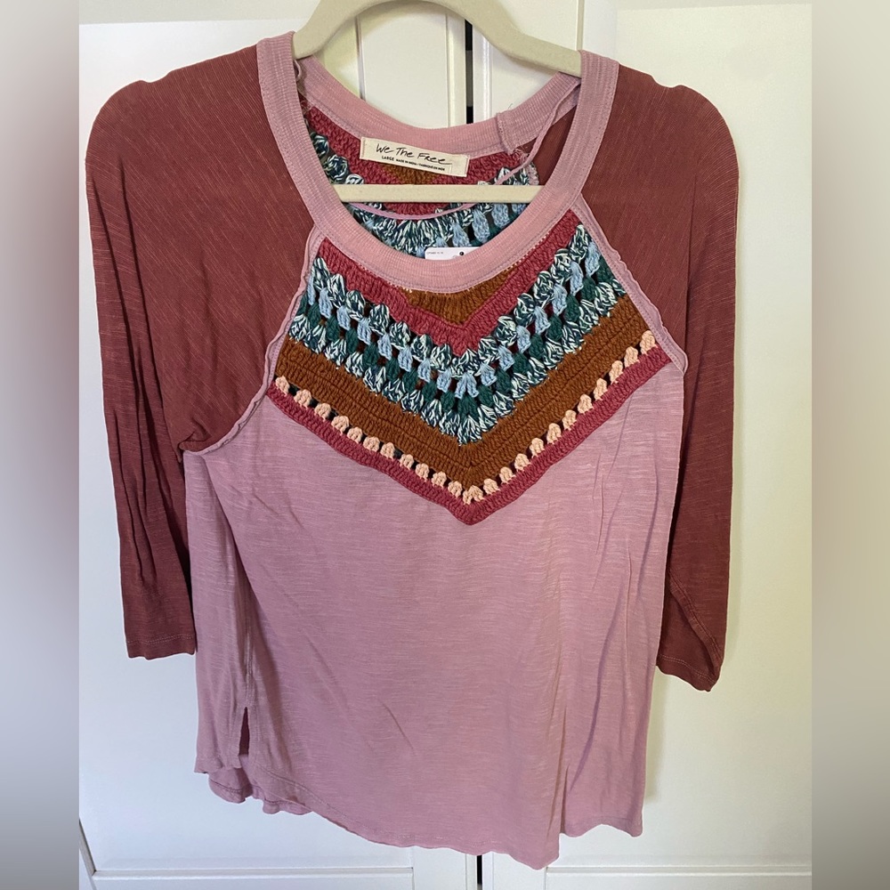 FREE PEOPLE WOMEN'S SPRING BOUND CROCHET YOKE TOP PINK SIZE LARGE